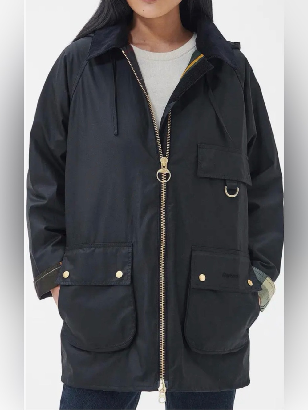 Barbour Black Hooded Field Coat with Gold Hardware